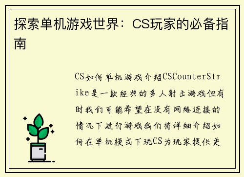 探索单机游戏世界：CS玩家的必备指南